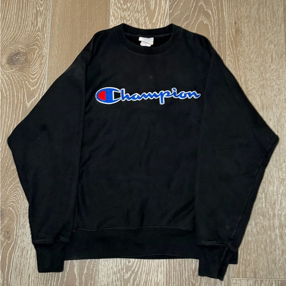 Champion Reverse Weave Black Embroidered Logo Crewneck Mens M